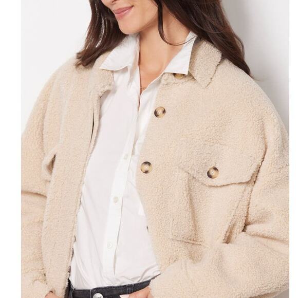 Good American NEW Size Large XL Button Front Sand Color Sherpa Jacket Shacket - Picture 9 of 9